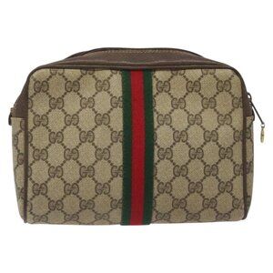 GUCCI GG Supreme Web Sherry Line Clutch Bag PVC Beige Gold